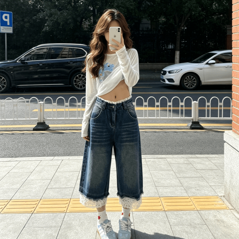 아메리칸 레트로 디자인 센스 레이스 조각 7 점 청바지 여성 스트레이트 루즈핏 몸매 가꾸기 디스플레이 몸 캐주얼 바지 상세 이미지 3