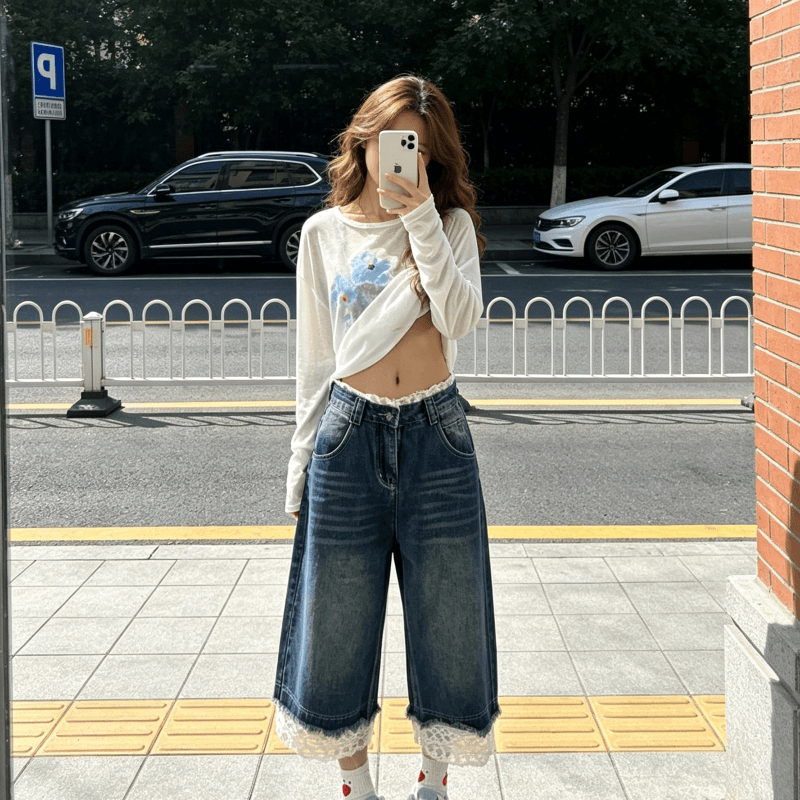 아메리칸 레트로 디자인 센스 레이스 조각 7 점 청바지 여성 스트레이트 루즈핏 몸매 가꾸기 디스플레이 몸 캐주얼 바지 상세 이미지 7