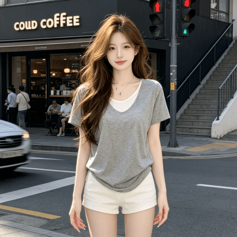 느긋한 바람 회색 긍정적 인 어깨 반팔 티셔츠 여성 2026 여름 섹션 V넥 디자인 연령 감소 표지 배 작은 셔츠 페이크 레이어드 맨위 상세 이미지 2