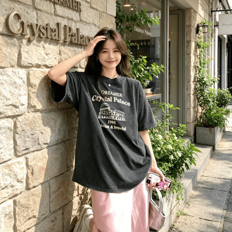 230 크 워싱 마 오래된 순면 반팔 티셔츠 여성 루즈핏 대 에디션 상세 이미지 2