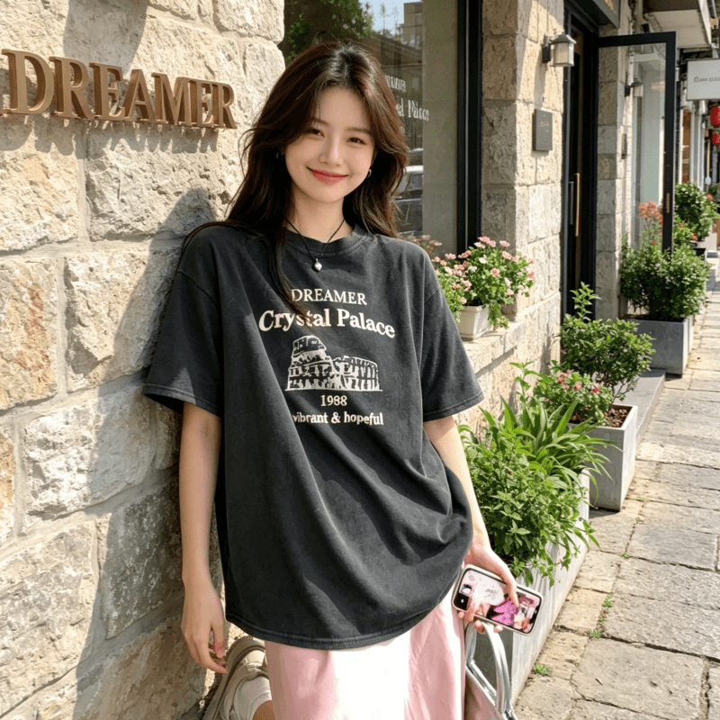 230 크 워싱 마 오래된 순면 반팔 티셔츠 여성 루즈핏 대 에디션 상세 이미지 6
