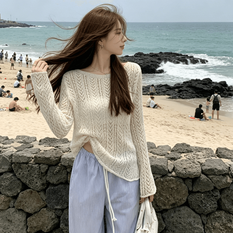 한국 스타일 여름 새로운 니트 디자인 센스 한국 스타일 홀로우 아웃 다용도 얇은 스타일 스웨터 풀오버 태양 보호 셔츠 맨위 여성 트렌디 이미지 5