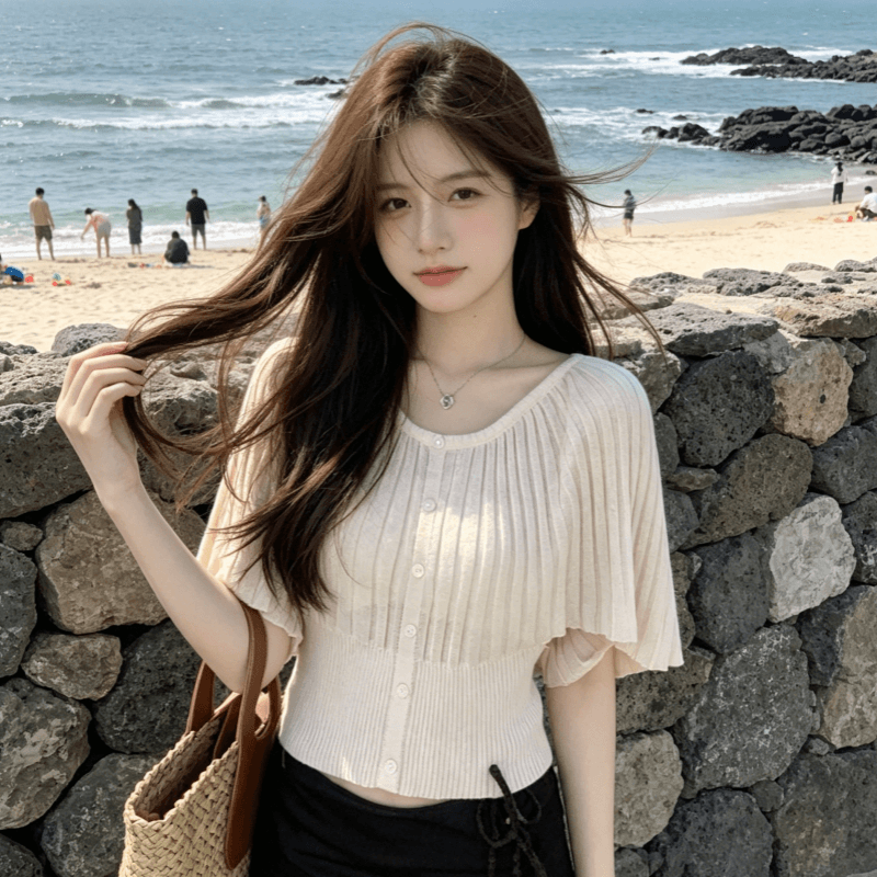 슈퍼 잘 생긴 플리츠 얼음 실크 반팔 티셔츠 여성 여름 새로운 패션 허리 수축 몸매 가꾸기 슬림해 보이는 다용도 니트 맨위 상세 이미지 2
