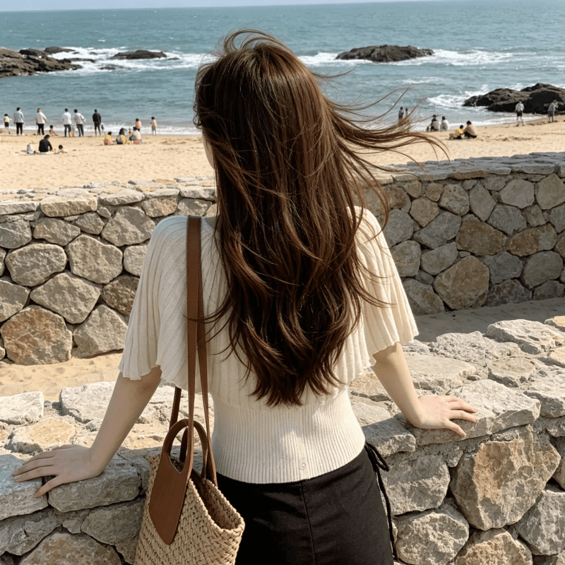 슈퍼 잘 생긴 플리츠 얼음 실크 반팔 티셔츠 여성 여름 새로운 패션 허리 수축 몸매 가꾸기 슬림해 보이는 다용도 니트 맨위 상세 이미지 3