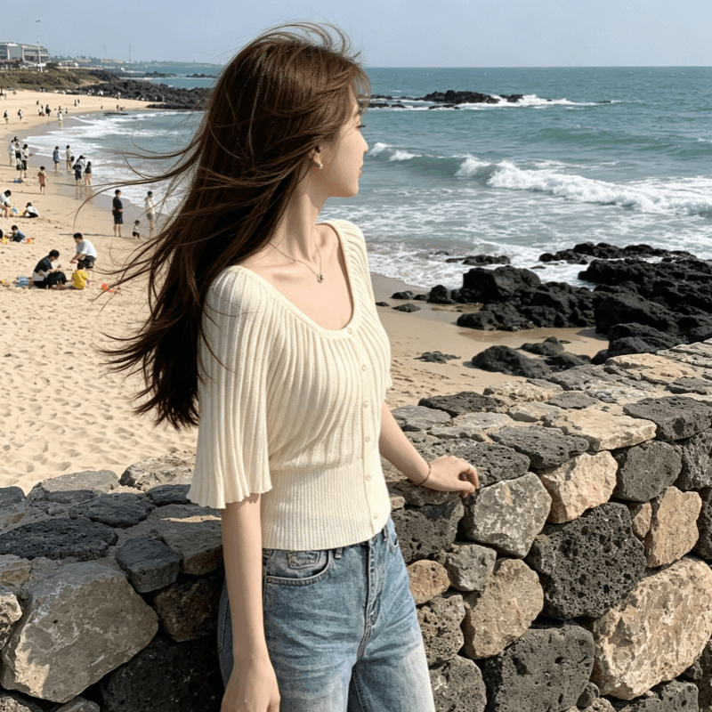 슈퍼 잘 생긴 플리츠 얼음 실크 반팔 티셔츠 여성 여름 새로운 패션 허리 수축 몸매 가꾸기 슬림해 보이는 다용도 니트 맨위 상세 이미지 9
