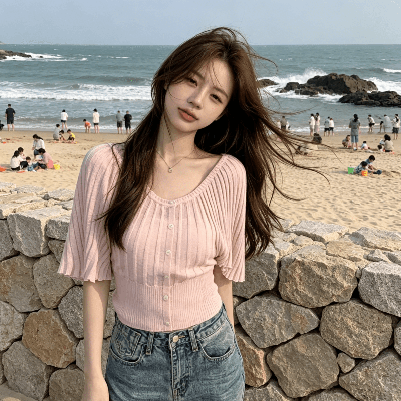 슈퍼 잘 생긴 플리츠 얼음 실크 반팔 티셔츠 여성 여름 새로운 패션 허리 수축 몸매 가꾸기 슬림해 보이는 다용도 니트 맨위 상세 이미지 16
