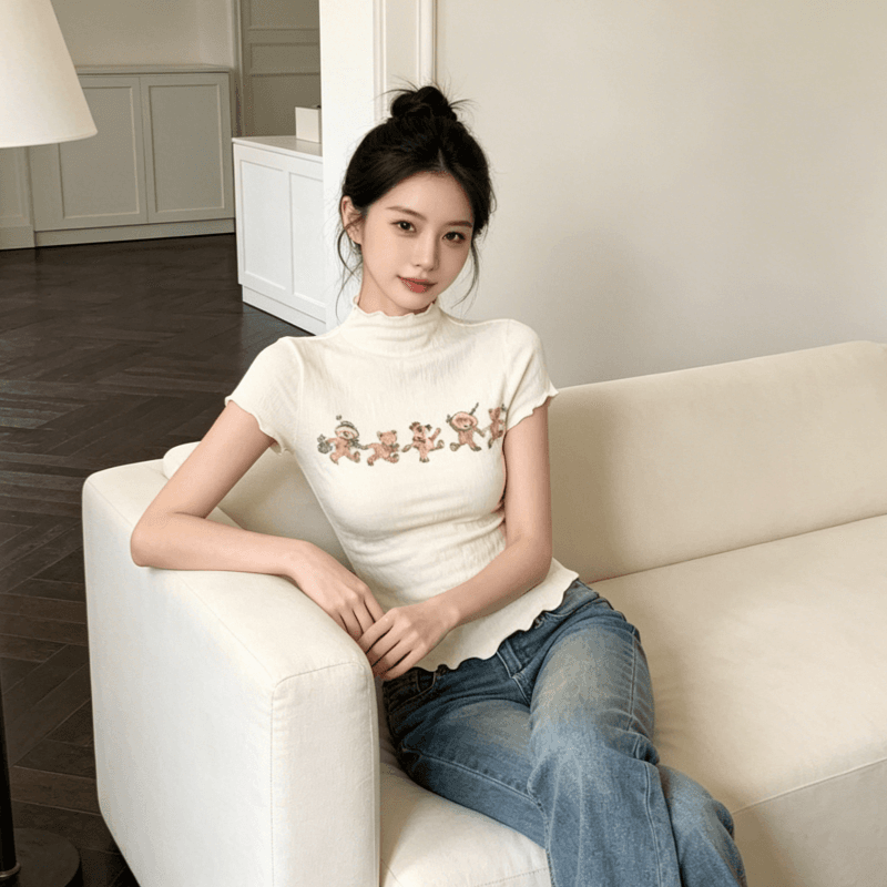 240 그램 테라스 조우 살구 색상 반하이넥 반팔 티셔츠 여성 여름 작은 곰 프린트 프릴 몸매 가꾸기 맨위 상세 이미지 6
