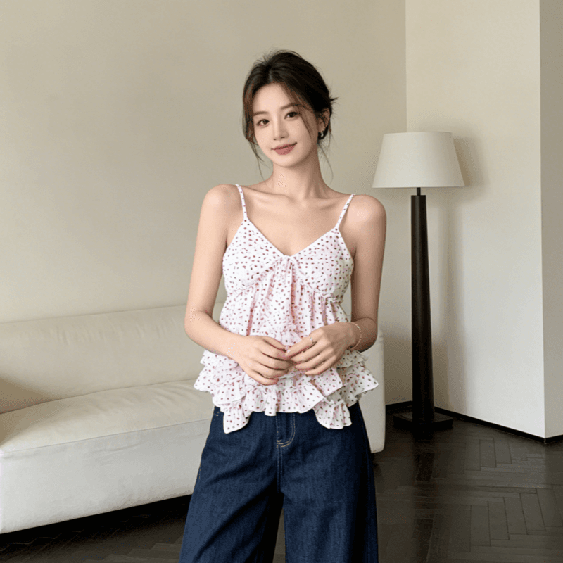 핑크색 도트 무늬 레이스 슬립 조끼 스커트 여성 외출용 여름 동남아시아 휴가 착용 가져 가라. 한 마디 민소매 작은 맨위 상세 이미지 9