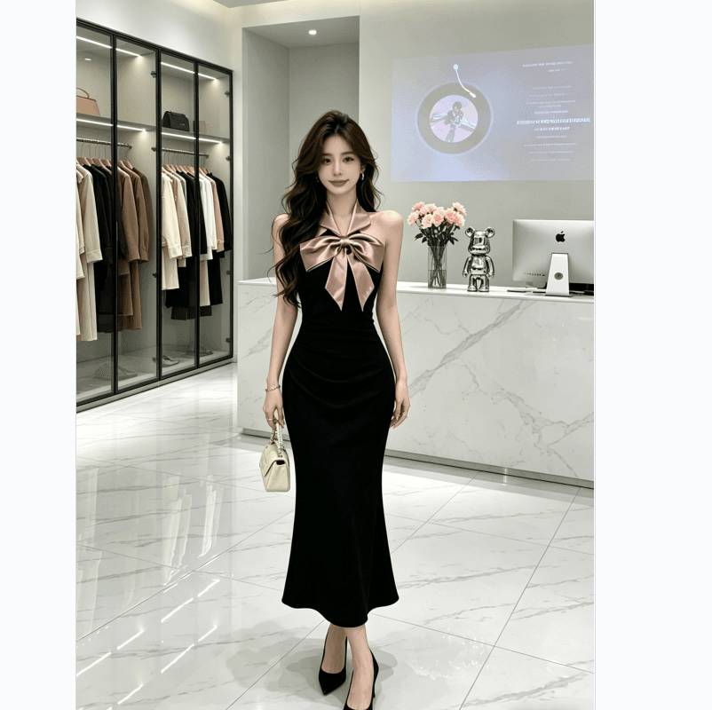 프랑스식 섹시함 백리스 나비 매듭 검정색 민소매 행침 목 여성 드레스 여름 고급 품격 인어 꼬리 타이트 스커트 롱 스커트 상세 이미지 7