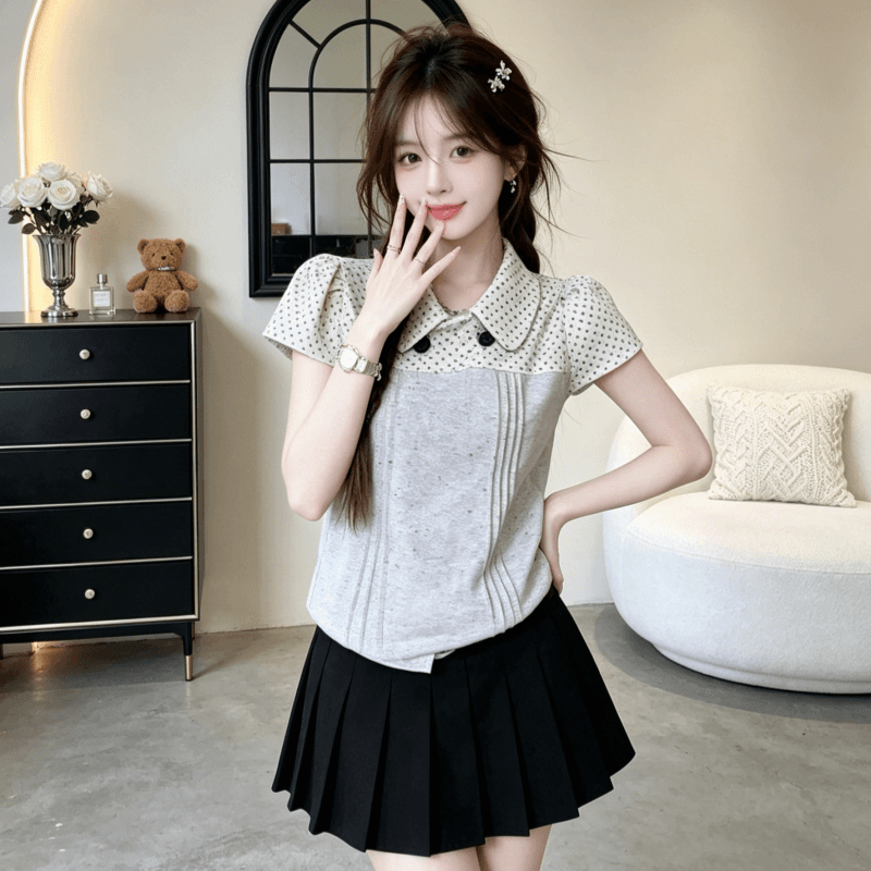 한 부서 도트 무늬 반팔 여성 셔츠 여름 착용 가져 가라. 플리츠 싸움 캐치 배색 셔츠 슬림해 보이는 피터 팬 칼라 맨위 이미지 3