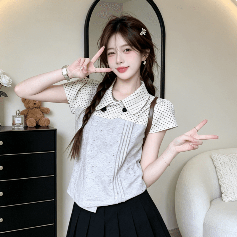 한 부서 도트 무늬 반팔 여성 셔츠 여름 착용 가져 가라. 플리츠 싸움 캐치 배색 셔츠 슬림해 보이는 피터 팬 칼라 맨위 상세 이미지 4