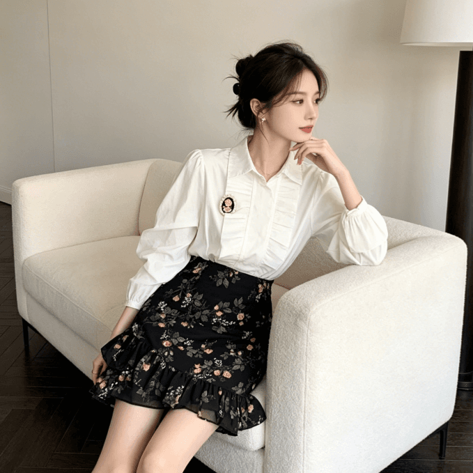 꽃무늬 반신 스커트 불규칙 프릴 미니 스커트 여성 슬림해 보이는 표지 넓적 다리 한 마디 인어 꼬리 치마 이미지 2