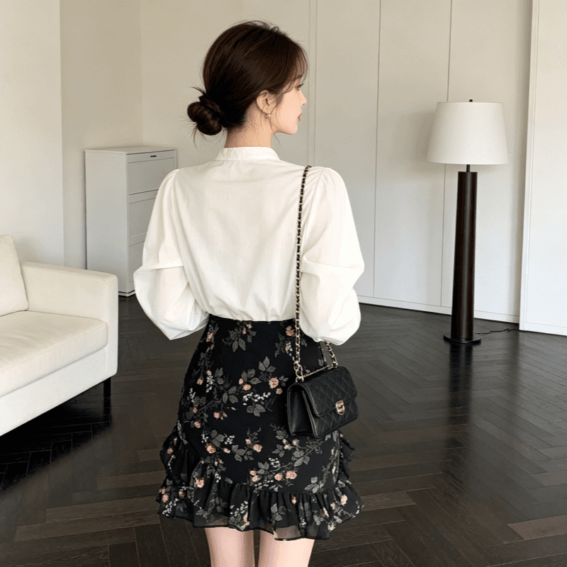 꽃무늬 반신 스커트 불규칙 프릴 미니 스커트 여성 슬림해 보이는 표지 넓적 다리 한 마디 인어 꼬리 치마 이미지 3