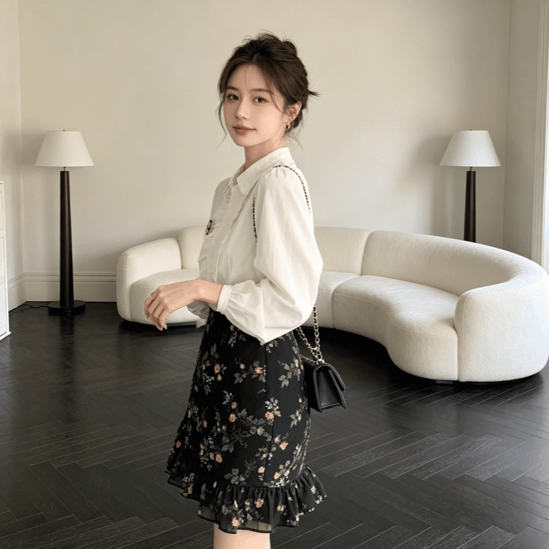 꽃무늬 반신 스커트 불규칙 프릴 미니 스커트 여성 슬림해 보이는 표지 넓적 다리 한 마디 인어 꼬리 치마 이미지 5