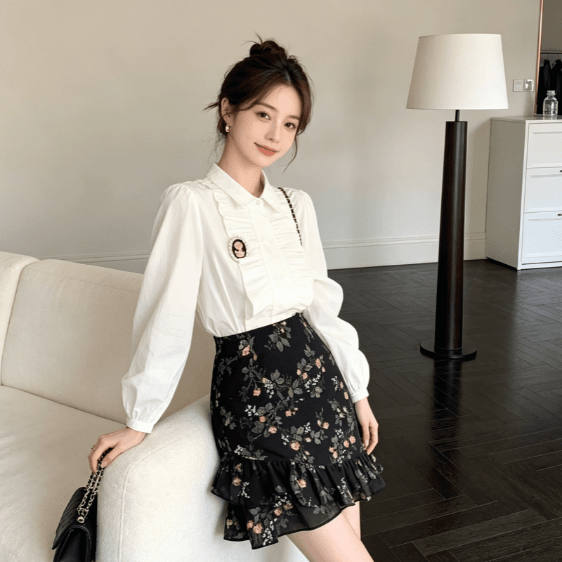 꽃무늬 반신 스커트 불규칙 프릴 미니 스커트 여성 슬림해 보이는 표지 넓적 다리 한 마디 인어 꼬리 치마 상세 이미지 2