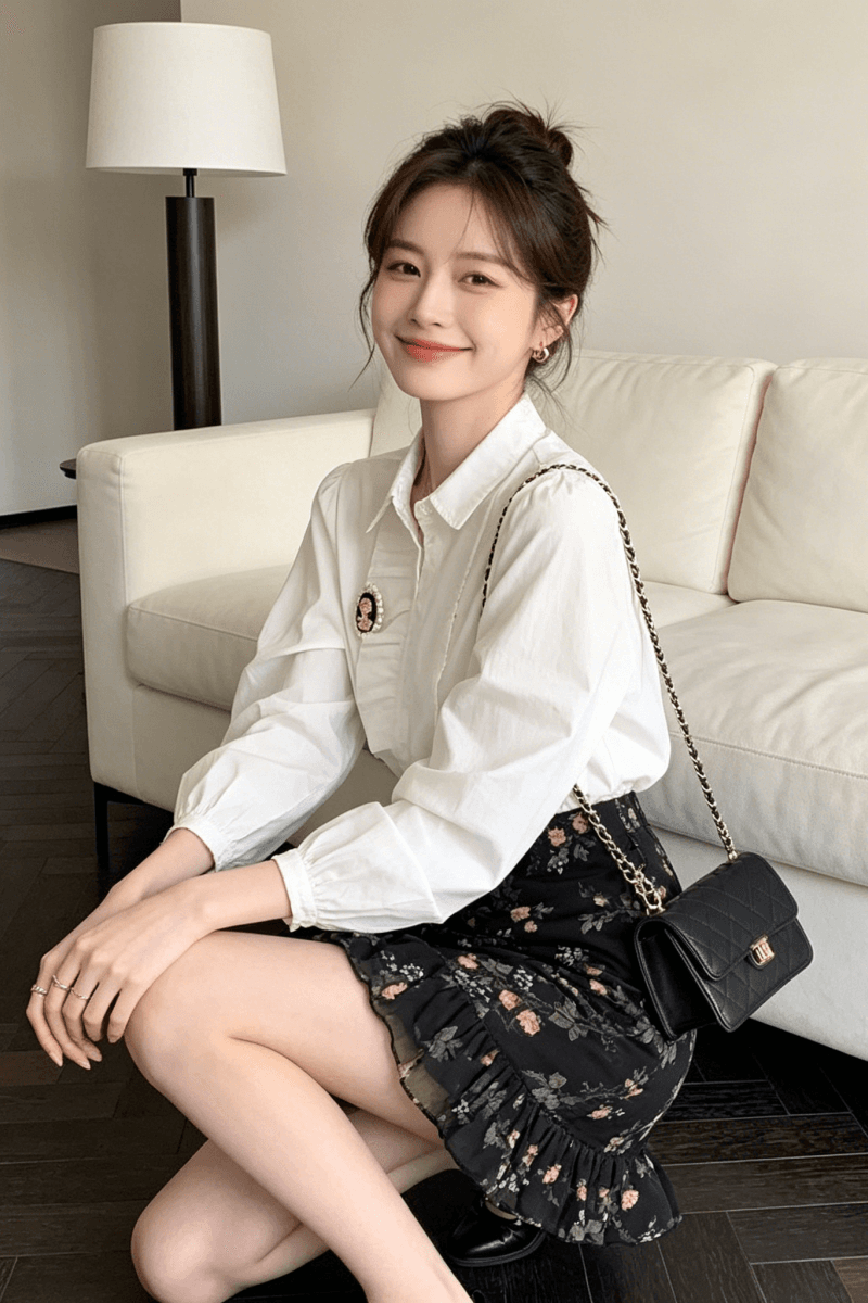 꽃무늬 반신 스커트 불규칙 프릴 미니 스커트 여성 슬림해 보이는 표지 넓적 다리 한 마디 인어 꼬리 치마 상세 이미지 6