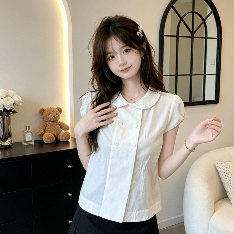 면 소재 달콤함 연령 감소 이중 버튼 반팔 여성 셔츠 여름 새로운 일본식 학원 스타일 미니멀리즘 베이비 칼라 맨위 여성 이미지 3
