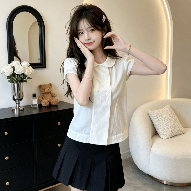 면 소재 달콤함 연령 감소 이중 버튼 반팔 여성 셔츠 여름 새로운 일본식 학원 스타일 미니멀리즘 베이비 칼라 맨위 여성 이미지 2
