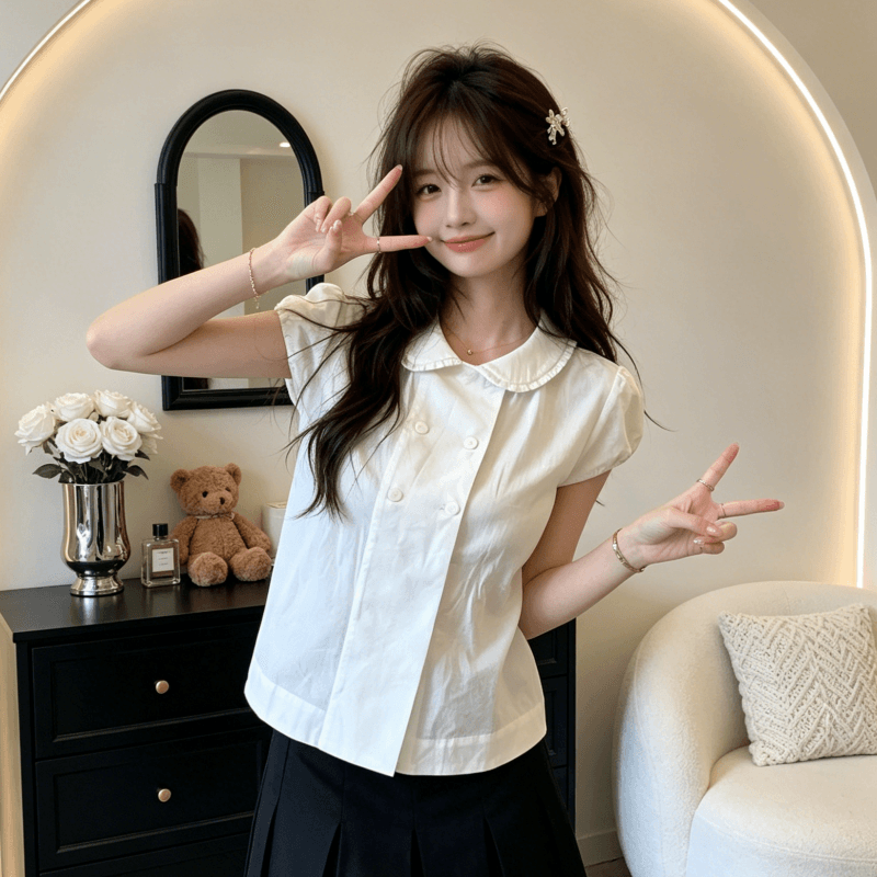 면 소재 달콤함 연령 감소 이중 버튼 반팔 여성 셔츠 여름 새로운 일본식 학원 스타일 미니멀리즘 베이비 칼라 맨위 여성 이미지 5
