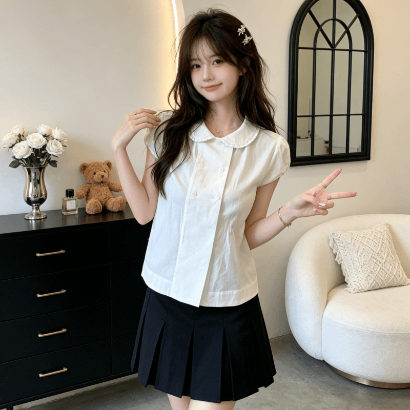 면 소재 달콤함 연령 감소 이중 버튼 반팔 여성 셔츠 여름 새로운 일본식 학원 스타일 미니멀리즘 베이비 칼라 맨위 여성 이미지 4