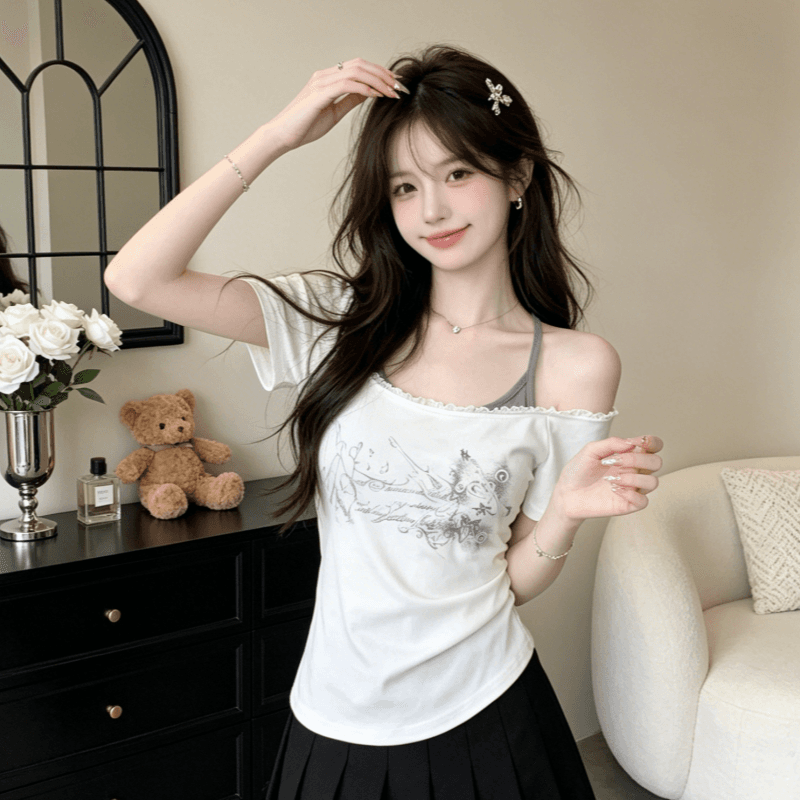 핫걸 알파벳 프린트 반팔 티셔츠 새로운 행침 목 페이크 레이어드 레이스 레이스 몸매 가꾸기 맨위