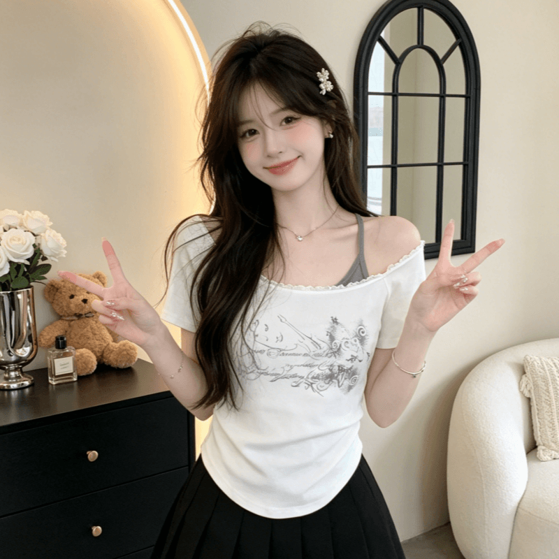 핫걸 알파벳 프린트 반팔 티셔츠 새로운 행침 목 페이크 레이어드 레이스 레이스 몸매 가꾸기 맨위 상세 이미지 3