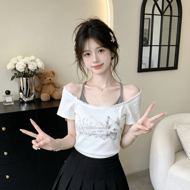 핫걸 알파벳 프린트 반팔 티셔츠 새로운 행침 목 페이크 레이어드 레이스 레이스 몸매 가꾸기 맨위 상세 이미지 7