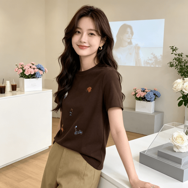 1 1 순면 리브 210 그램 반팔 티셔츠 여름 한 부서 만화 자수 라운드 넥 맨위 여성 의류 이미지 4