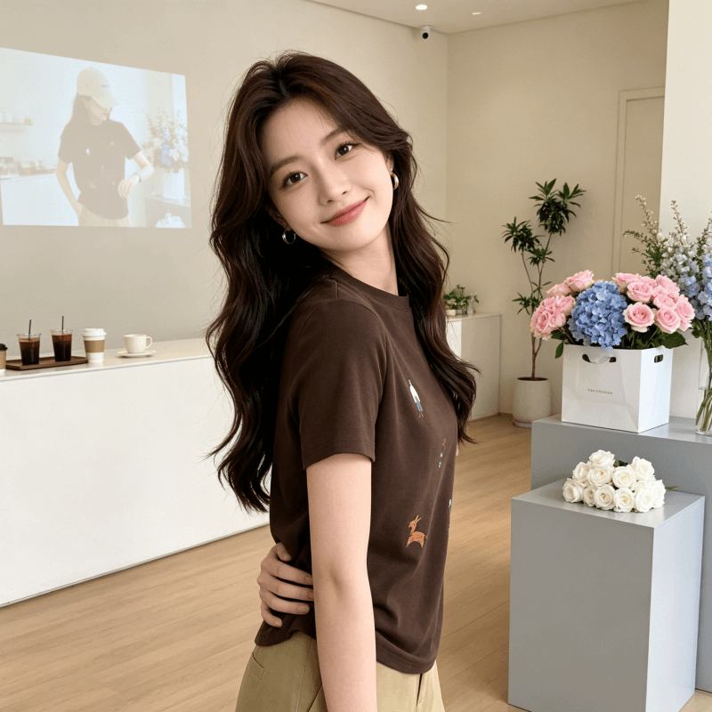 1 1 순면 리브 210 그램 반팔 티셔츠 여름 한 부서 만화 자수 라운드 넥 맨위 여성 의류 상세 이미지 4