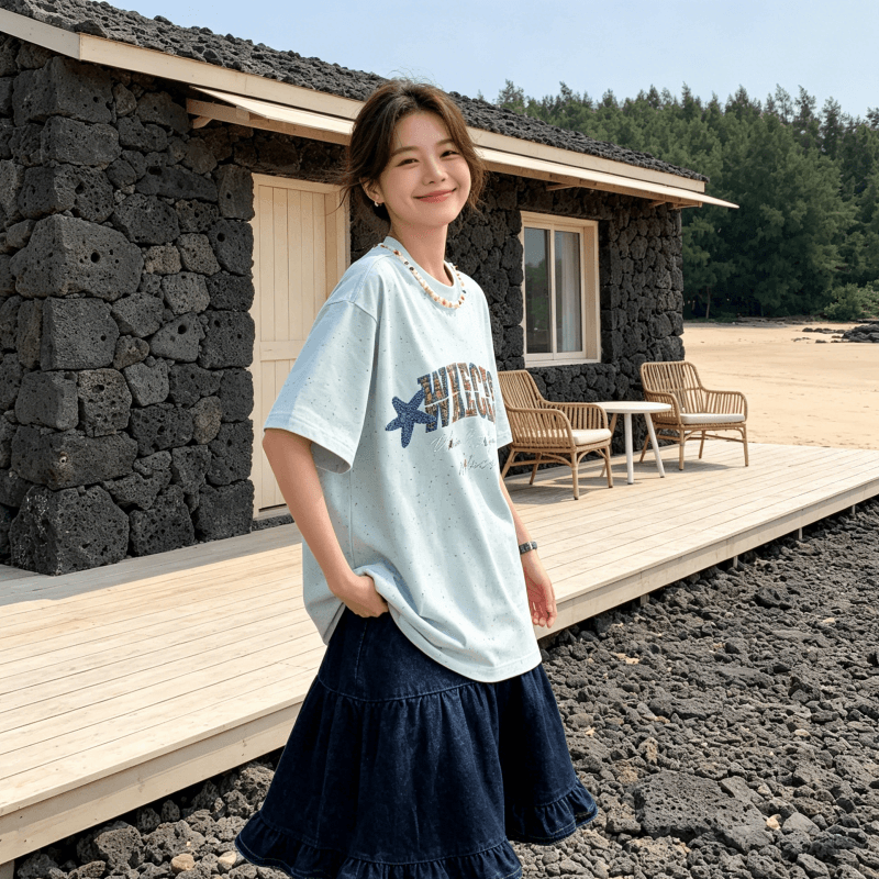 반팔 티셔츠 여성 여름 새로운 한 부서 중간 길이 루즈핏 디자인 센스 색상 포인트 가시 자수 라운드 넥 맨위 이미지 3