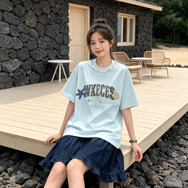 반팔 티셔츠 여성 여름 새로운 한 부서 중간 길이 루즈핏 디자인 센스 색상 포인트 가시 자수 라운드 넥 맨위 상세 이미지 10