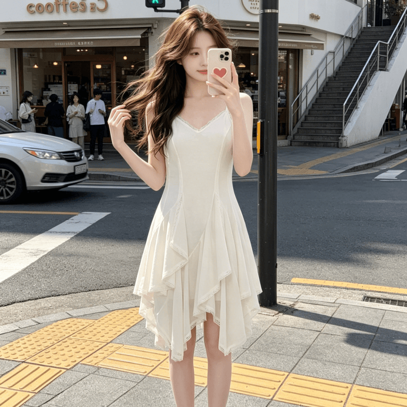 두꺼운 쉬폰 원단 네리 레이스 패치워크 디자인 센스 슬립 여성 드레스 봄 몸매 가꾸기 민소매 치마 상세 이미지 4