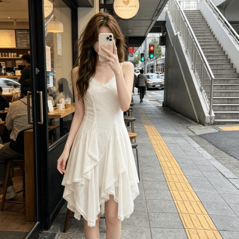 두꺼운 쉬폰 원단 네리 레이스 패치워크 디자인 센스 슬립 여성 드레스 봄 몸매 가꾸기 민소매 치마 상세 이미지 5
