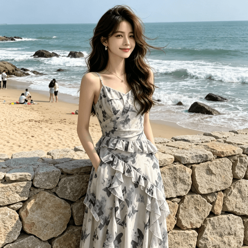 프랑스식 나비 프린트 슬립 여성 드레스 여름 새로운 해변가 휴가 아름다운 불규칙 디자인 센스 롱 스커트 이미지 5