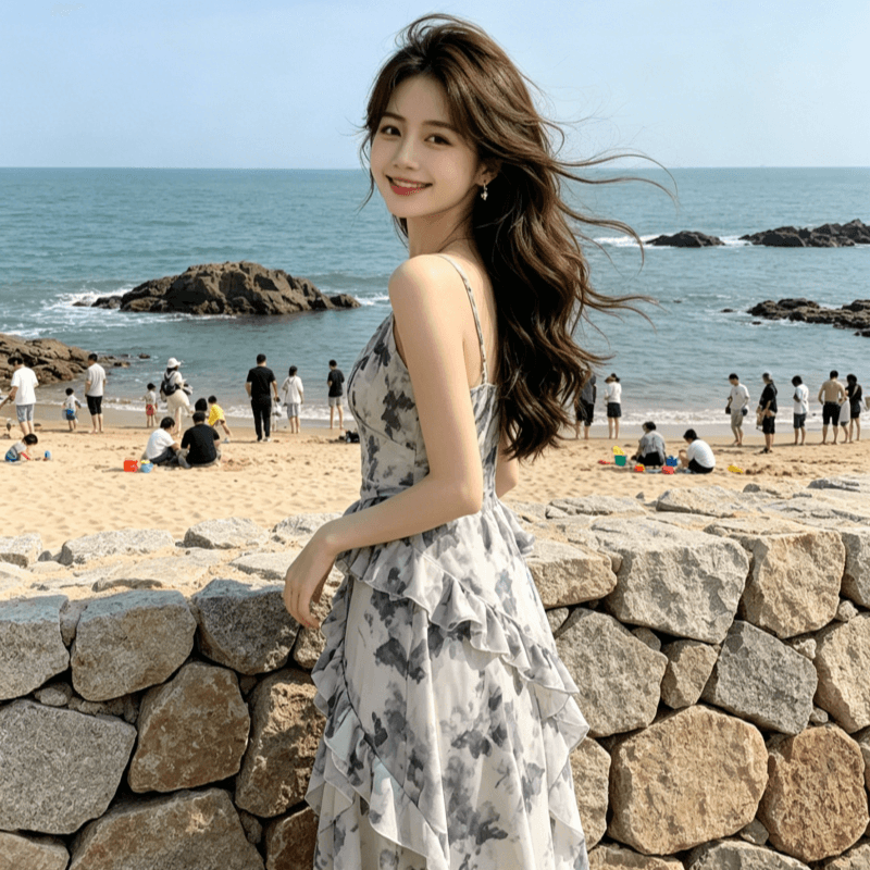 프랑스식 나비 프린트 슬립 여성 드레스 여름 새로운 해변가 휴가 아름다운 불규칙 디자인 센스 롱 스커트 상세 이미지 8