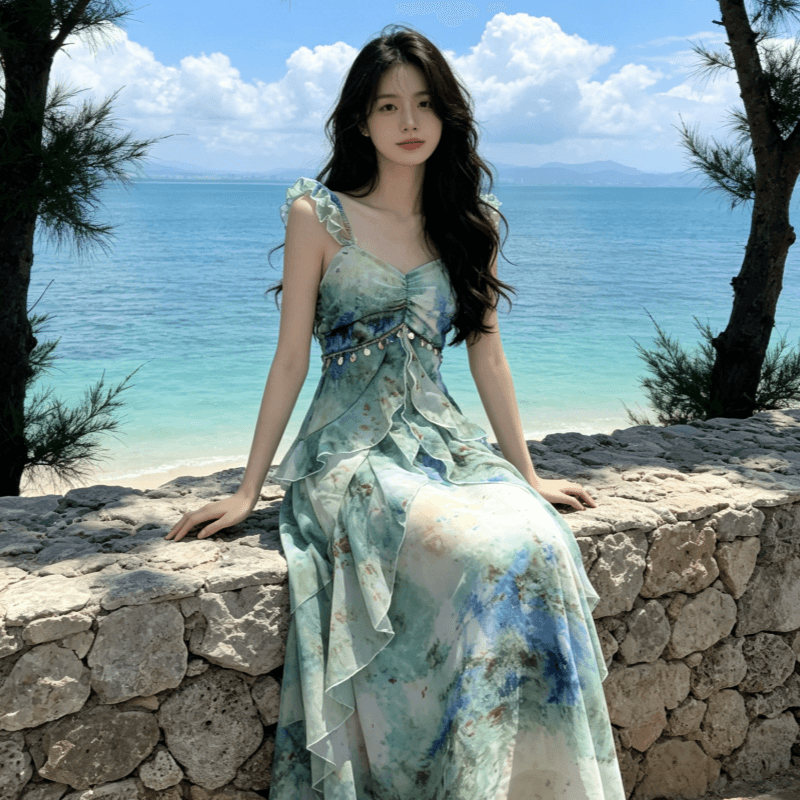 해변가 휴가 바람 프린트 작은 날다 소매 슬립 여성 드레스 2026 여름 새로운 허리 수축 요정 길다 치마