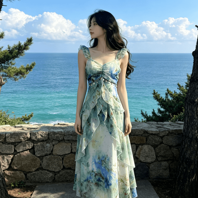 해변가 휴가 바람 프린트 작은 날다 소매 슬립 여성 드레스 2026 여름 새로운 허리 수축 요정 길다 치마 이미지 4