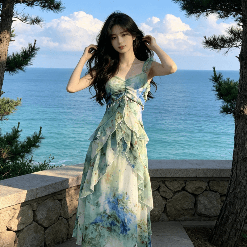 해변가 휴가 바람 프린트 작은 날다 소매 슬립 여성 드레스 2026 여름 새로운 허리 수축 요정 길다 치마 이미지 2