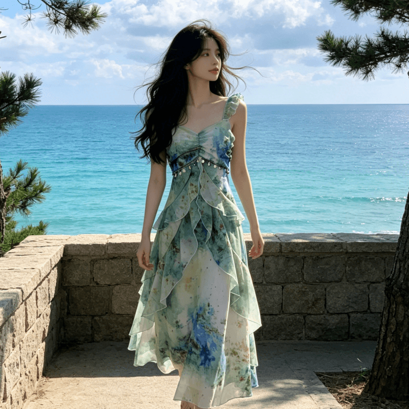 해변가 휴가 바람 프린트 작은 날다 소매 슬립 여성 드레스 2026 여름 새로운 허리 수축 요정 길다 치마 상세 이미지 4
