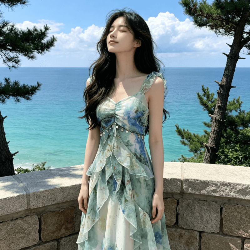 해변가 휴가 바람 프린트 작은 날다 소매 슬립 여성 드레스 2026 여름 새로운 허리 수축 요정 길다 치마 상세 이미지 7