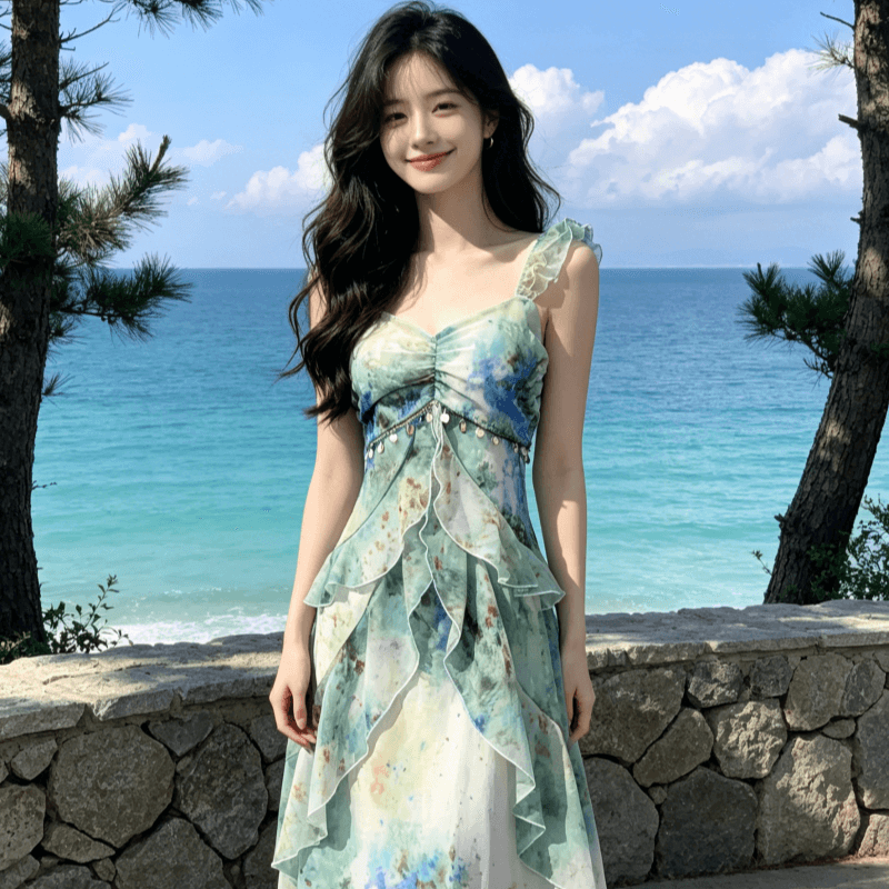 해변가 휴가 바람 프린트 작은 날다 소매 슬립 여성 드레스 2026 여름 새로운 허리 수축 요정 길다 치마 상세 이미지 8
