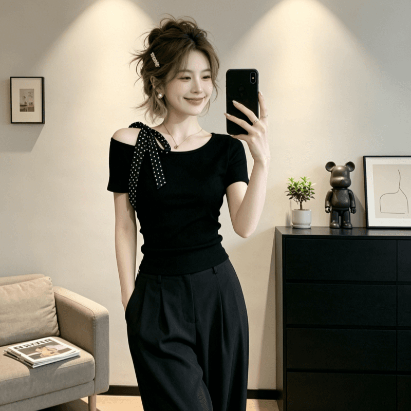 한 부서 검정색 순수한 욕망 비스듬한 어깨 반팔 티셔츠 여성 여름 디자인 센스 몸매 가꾸기 고유 한 아름다운 맨위 상세 이미지 6