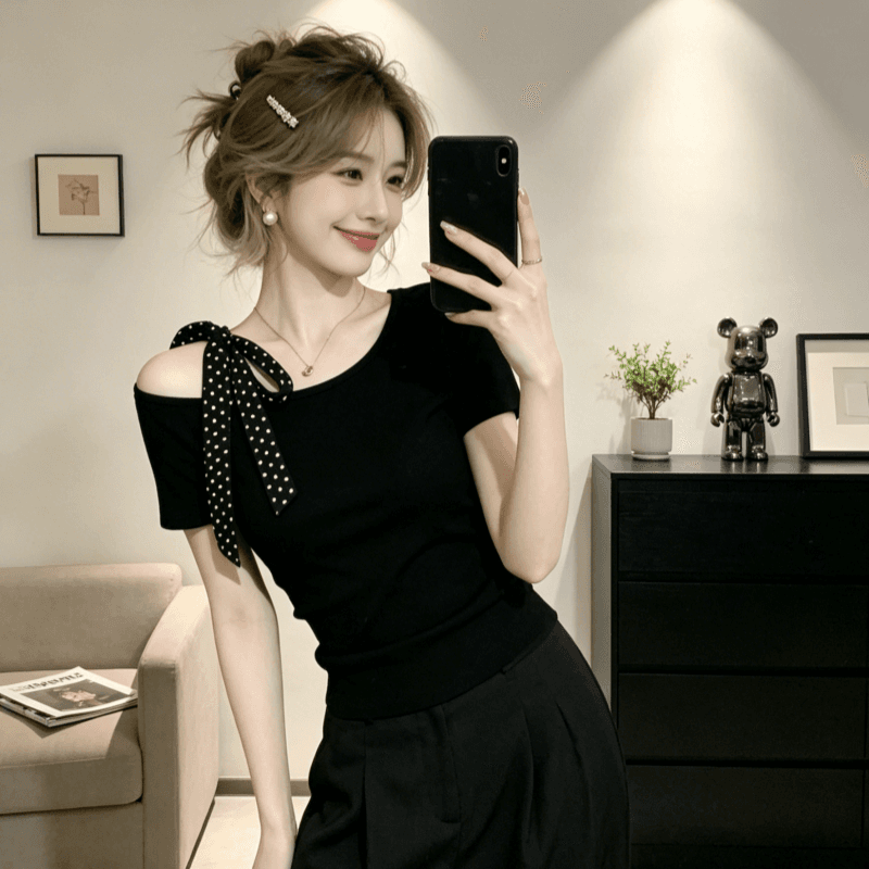 한 부서 검정색 순수한 욕망 비스듬한 어깨 반팔 티셔츠 여성 여름 디자인 센스 몸매 가꾸기 고유 한 아름다운 맨위 상세 이미지 8