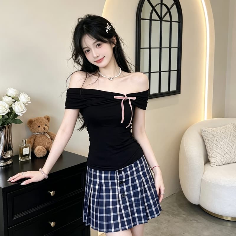 프랑스식 달콤한 매운맛 검정색 오프숄더 반팔 티셔츠 여성 여름 작은 키 몸매 가꾸기 쇼트 스타일 오프숄더 맨위 상세 이미지 2