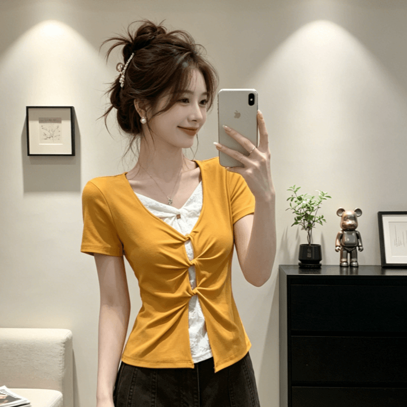 여름 새로운 페이크 레이어드 레이스 홀로우 아웃 비틀림 긍정적 인 어깨 반팔 티셔츠 여성 잘 생긴 아름다운 몸매 가꾸기 달콤한 매운맛 맨위