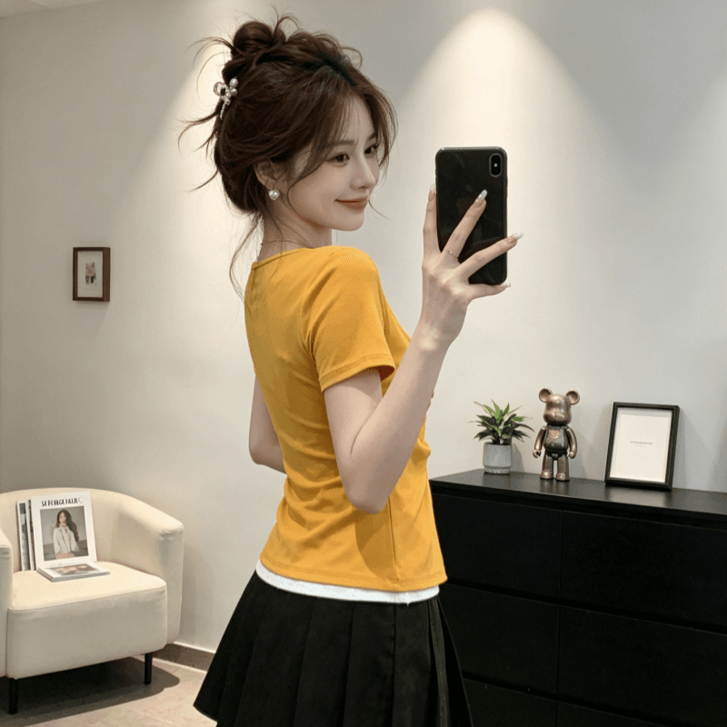 여름 새로운 페이크 레이어드 레이스 홀로우 아웃 비틀림 긍정적 인 어깨 반팔 티셔츠 여성 잘 생긴 아름다운 몸매 가꾸기 달콤한 매운맛 맨위 상세 이미지 8