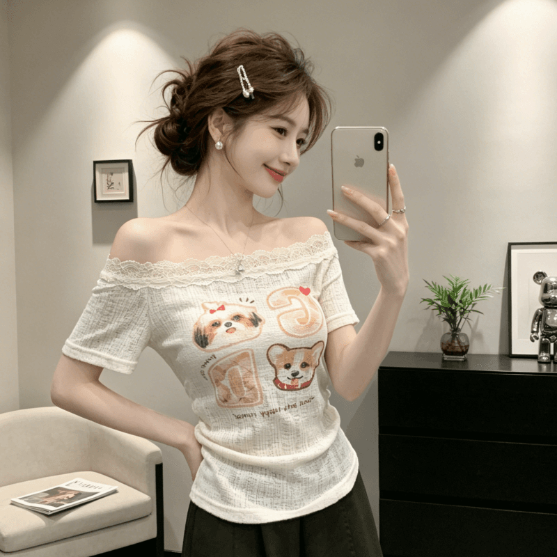 순수한 욕망 핫걸 비스듬한 어깨 오프숄더 레이스 반팔 티셔츠 여성 2026 여름 프린트 주름 허리 수축 이슬 상세 이미지 3