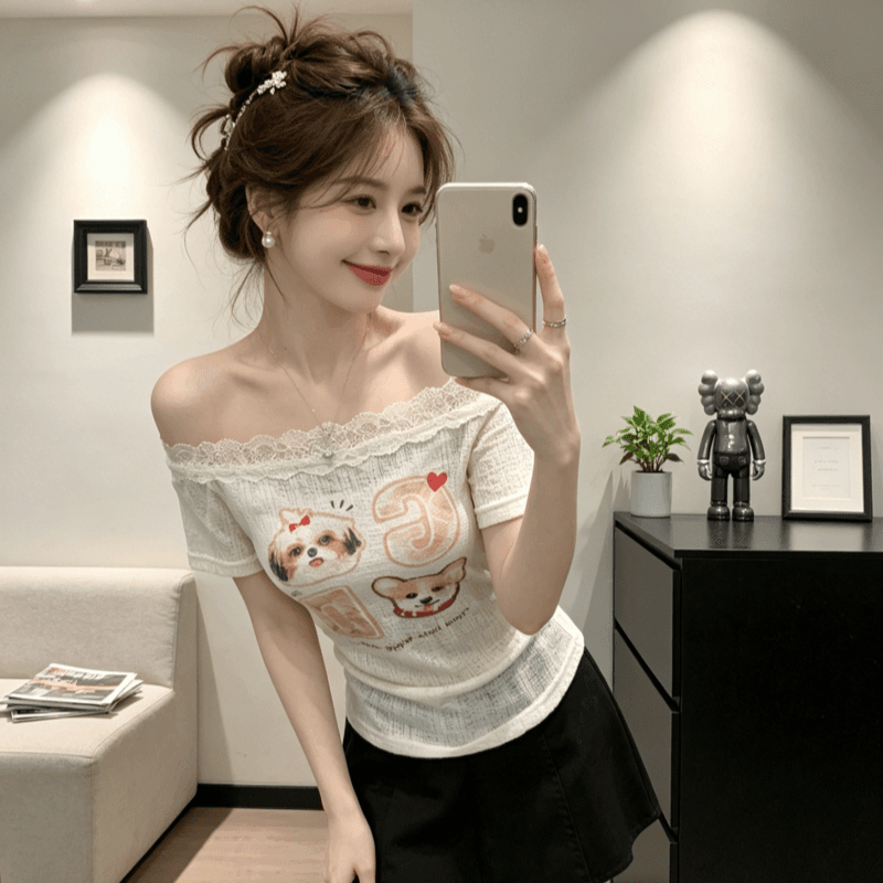 순수한 욕망 핫걸 비스듬한 어깨 오프숄더 레이스 반팔 티셔츠 여성 2026 여름 프린트 주름 허리 수축 이슬 상세 이미지 5