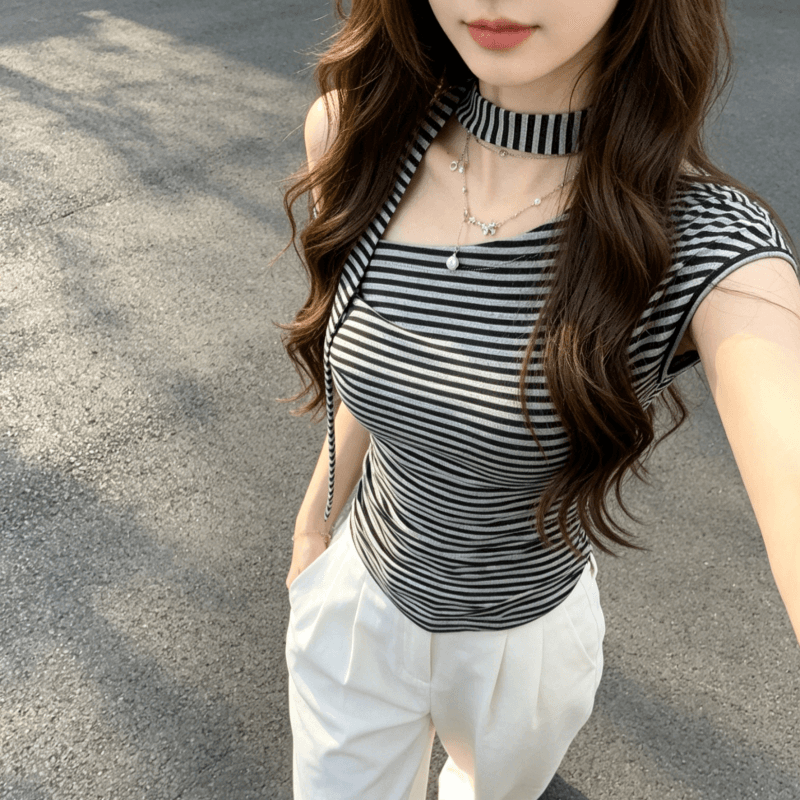 아메리칸 비스듬한 칼라 오프숄더 스트라이프 반팔 티셔츠 여성 2026 새로운 여름 작은 대중 디자인 센스 몸매 가꾸기 슬림해 보이는 맨위 이미지 5