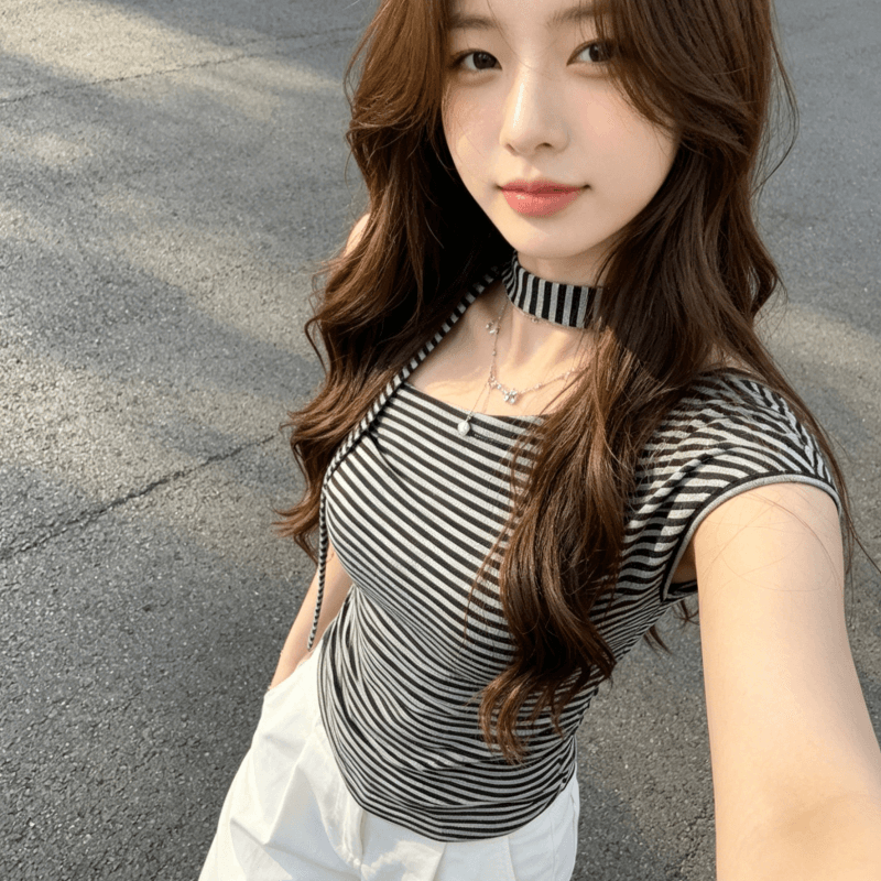 아메리칸 비스듬한 칼라 오프숄더 스트라이프 반팔 티셔츠 여성 2026 새로운 여름 작은 대중 디자인 센스 몸매 가꾸기 슬림해 보이는 맨위 상세 이미지 3